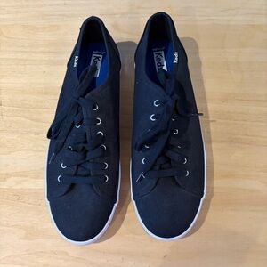 Women’s Keds Black Canvas Sneakers, White Soles with Black Stripe, Black Laces